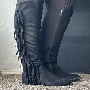 Lane Bryant Womens Boots Black Suede Fringe Knee High Zip Nylon Back size 9 wide